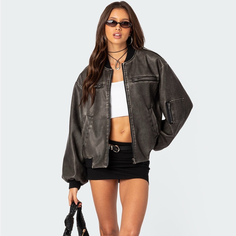 VAVA WASHED FAUX LEATHER BOMBER JACKET